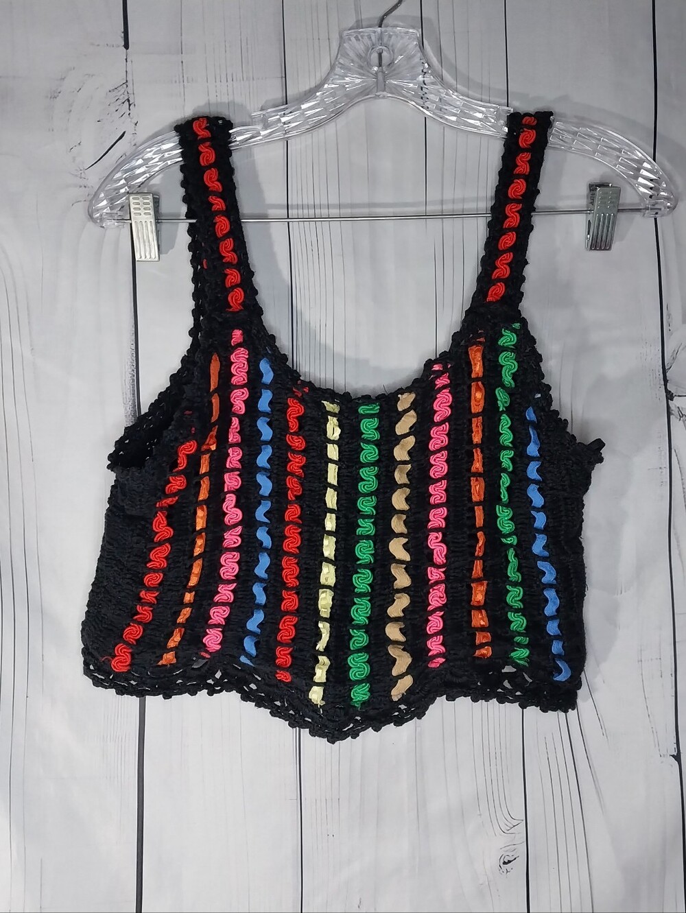 Alice & Olivia Lorri Boho Black Crochet Tank Top with Multicolor Stripe Accents